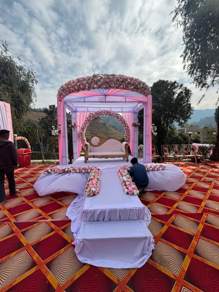 Scenic Outdoor Floral Stage & Royal Sofa Setup - Dev Tent House & Megha Video's