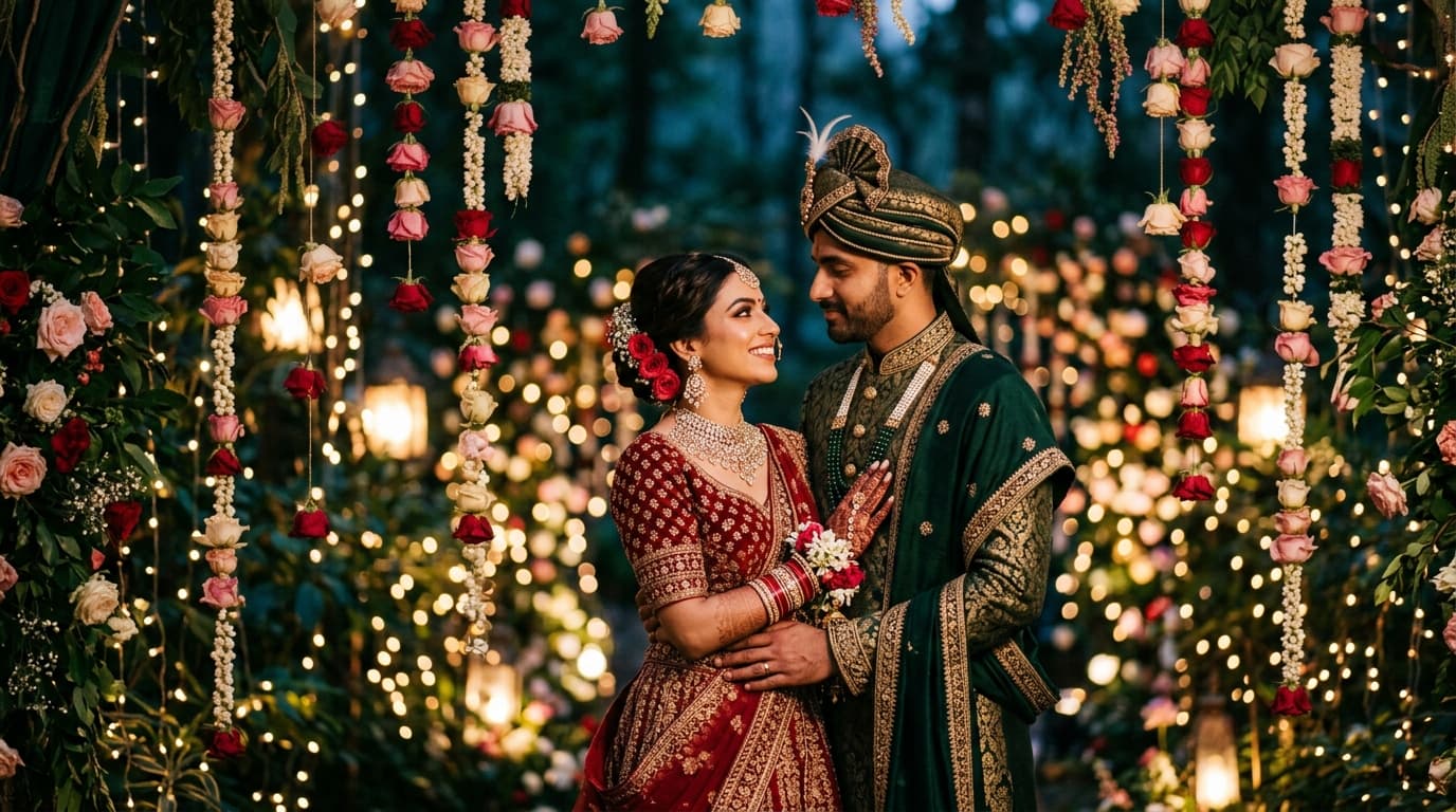 Romantic Wedding Couple in Twilight Fairy Lights